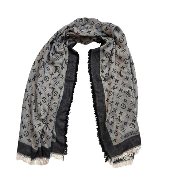 Louis Vuitton Accessories - LOUIS VUITTON LV Vintage Light & Charcoal Gray Black Monogram Scarf Shawl Wrap